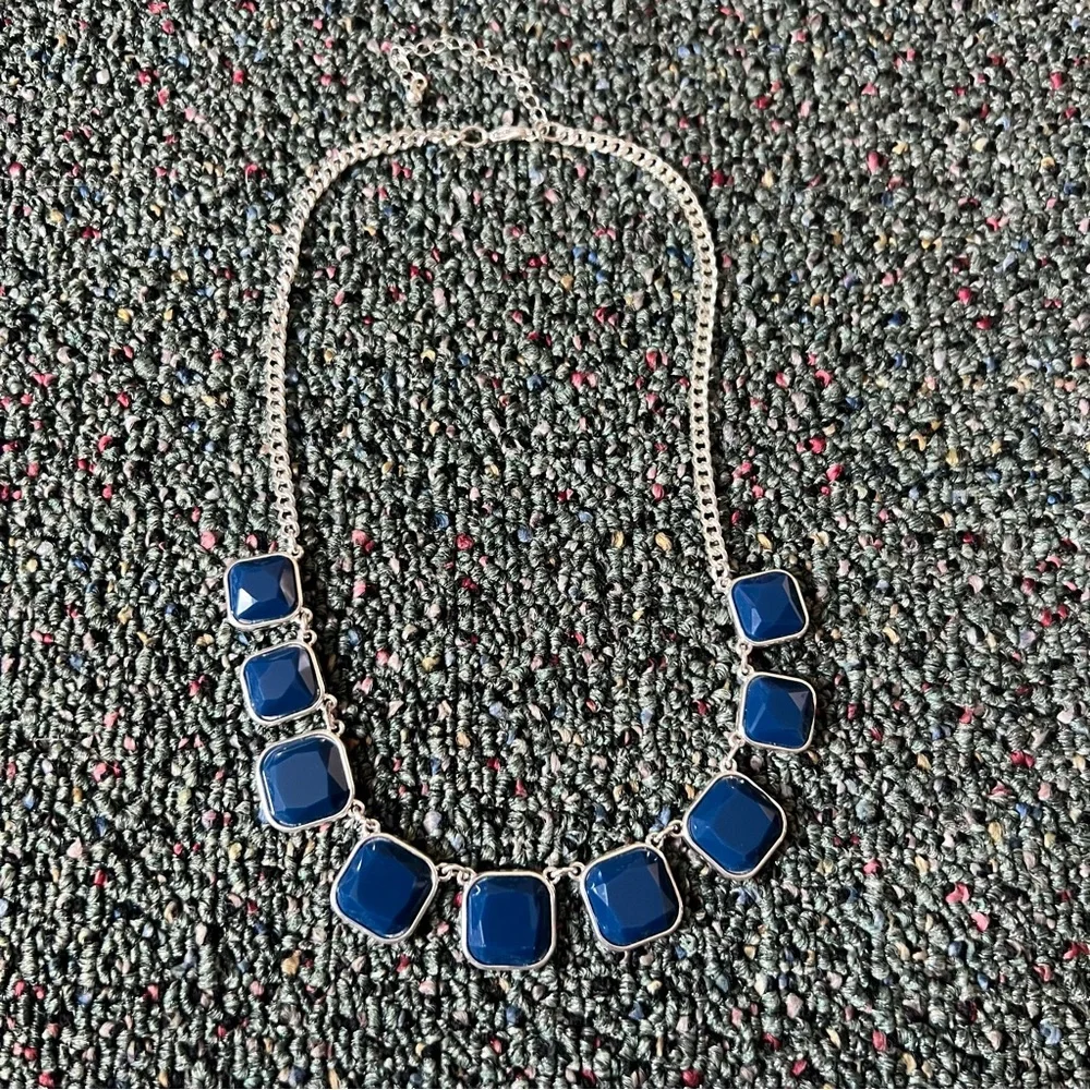Vintage 2010s Square Cut Navy Blue Stone Bezel Facets Silver Statement Necklace